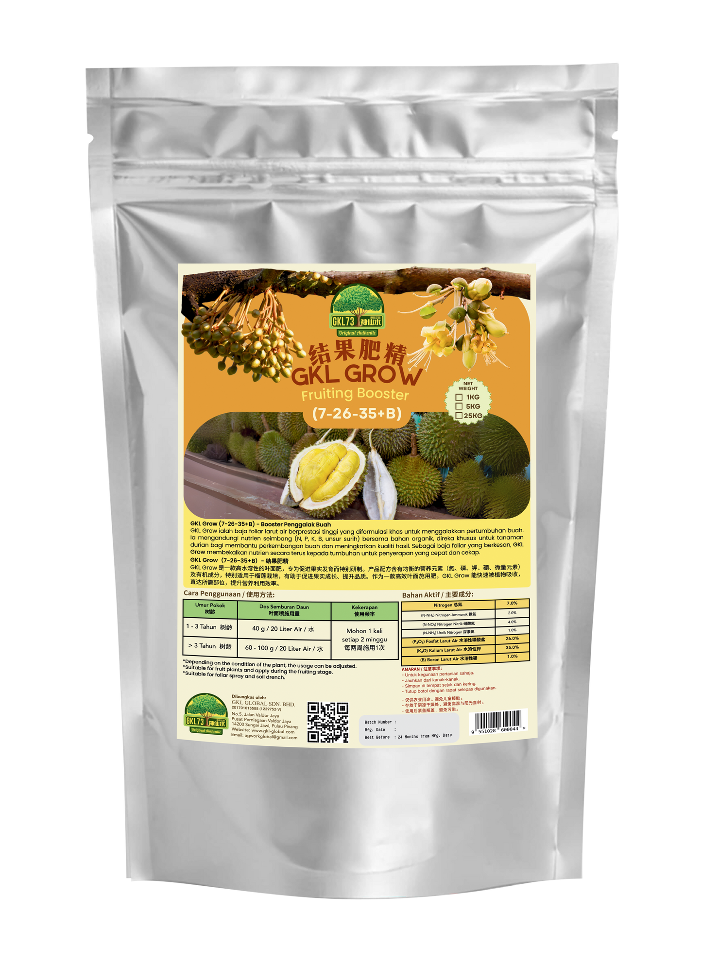 GKL GROW (7-26-35+B) 结果肥精 Fruiting Booster